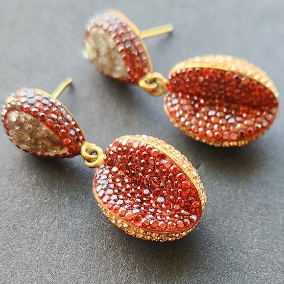 ESTATE SALE 1.5" GP DANGLE EARRINGS RED & WHITE PAVE CRYSTALS, AGATE